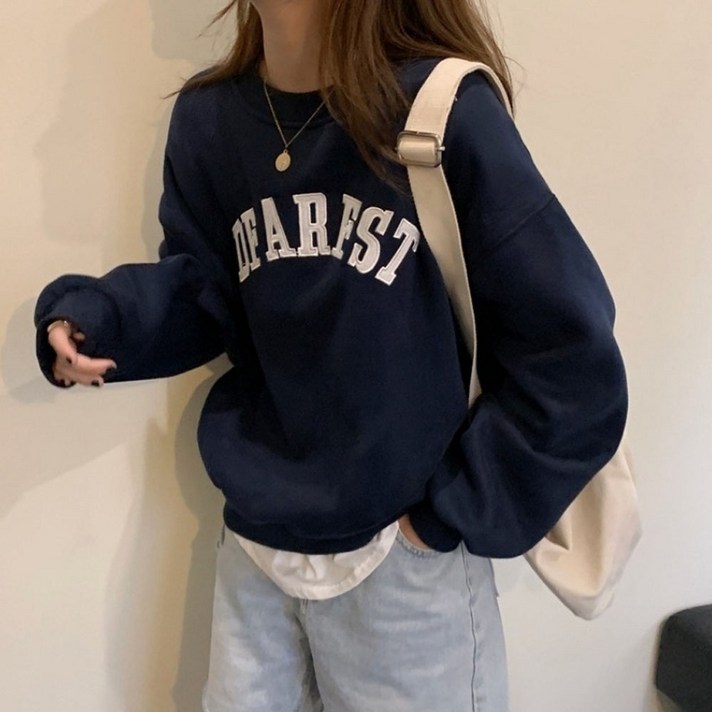 쌍떼 여성용 오버핏 레터링 라운드넥 맨투맨 티셔츠 쌍떼 여성용 오버핏 레터링 라운드넥 맨투맨 티셔츠