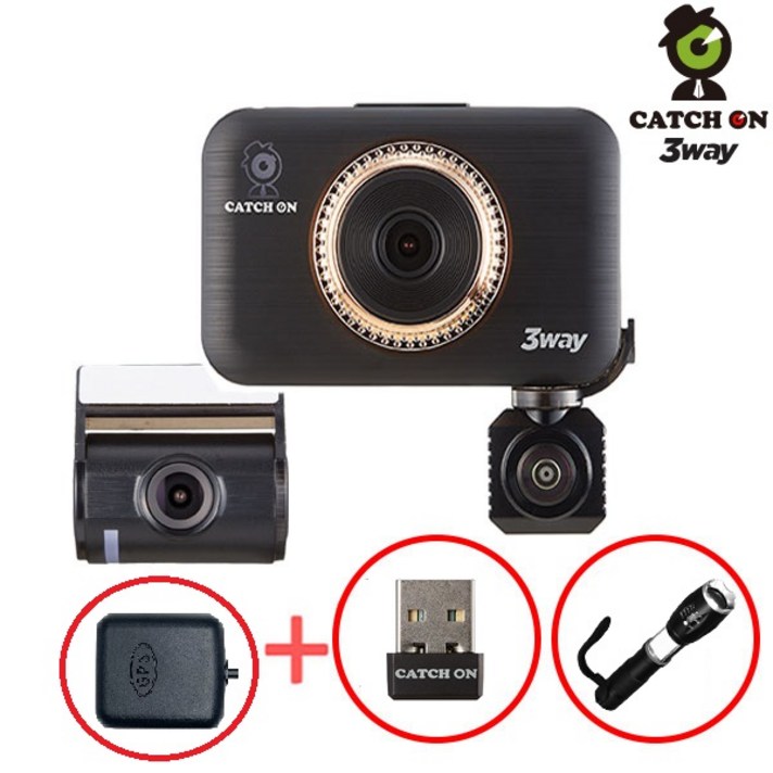 캐치온 3WAY 3채널 블랙박스 64GB랜턴wifi동글GPS, 단일상품, 64GB