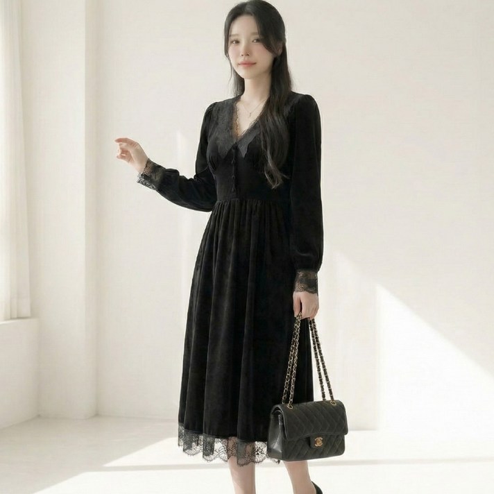 빅사이즈 여성 레이스 벨벳 롱원피스 D1196 러센드 봄가을용