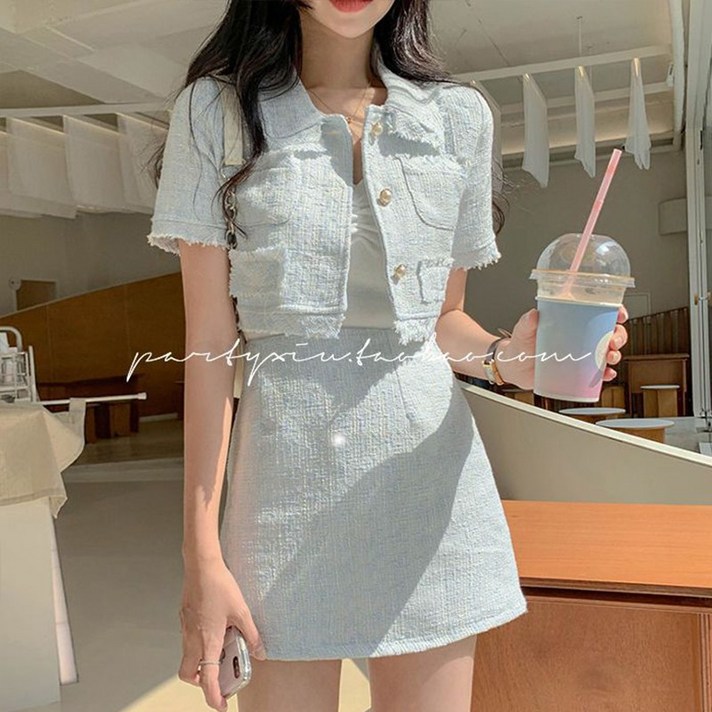 여성 여름 하객룩 투피스 캐주얼 오피스 슈트 패션 기질 반팔 정장 코트 슬림핏 힙색 미니 스커트 트위드 세트 WMY
