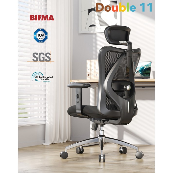 SIHOO 인체공학 헤더형 사무용 공부용 컴퓨터 책상 메쉬의자 M18, 블랙