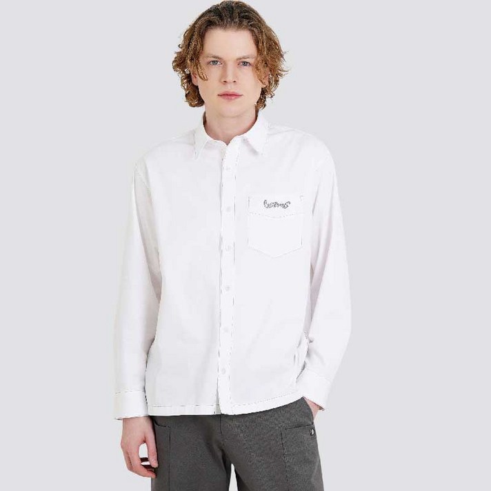 남자 스티치배색 코튼트윌 로고자수 긴팔 셔츠 CXS25FWSH908 IVY