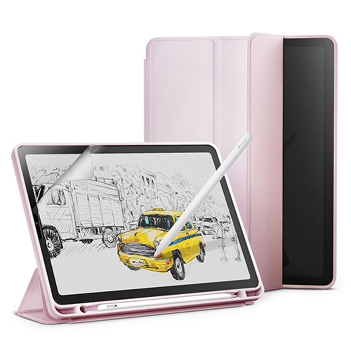 신지모루 스마트커버 애플펜슬 수납 태블릿PC 케이스 + 종이질감 액정보호 필름 세트, 핑크 샌드 - 쇼핑앤샵