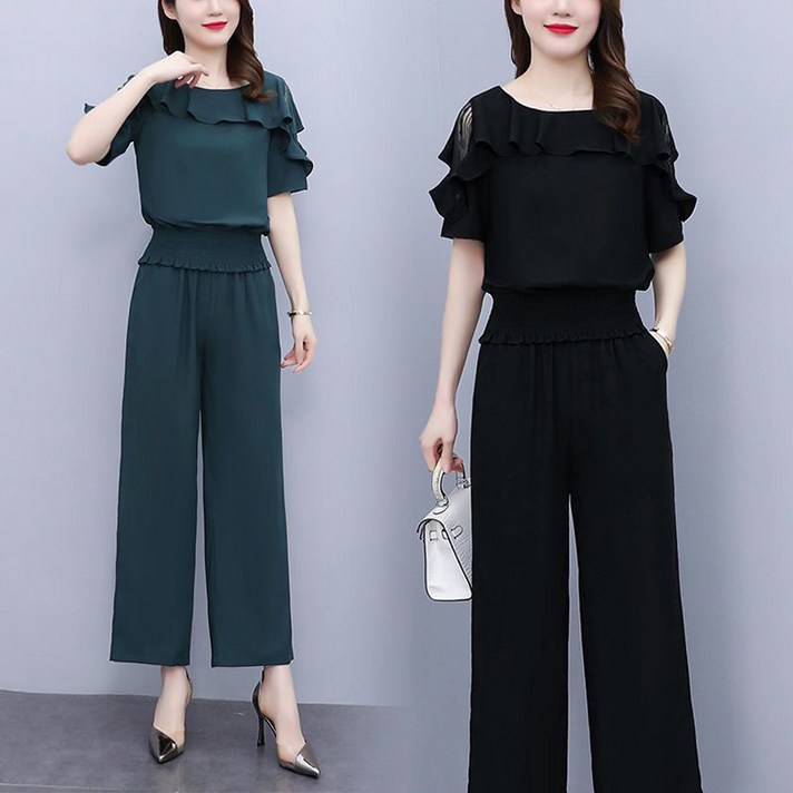 여름 여성 프릴 하객룩 투피스 반팔 블라우스 상의와이드핏 일자바지 블랙 정장세트 오피스룩 예쁜 중년엄마옷