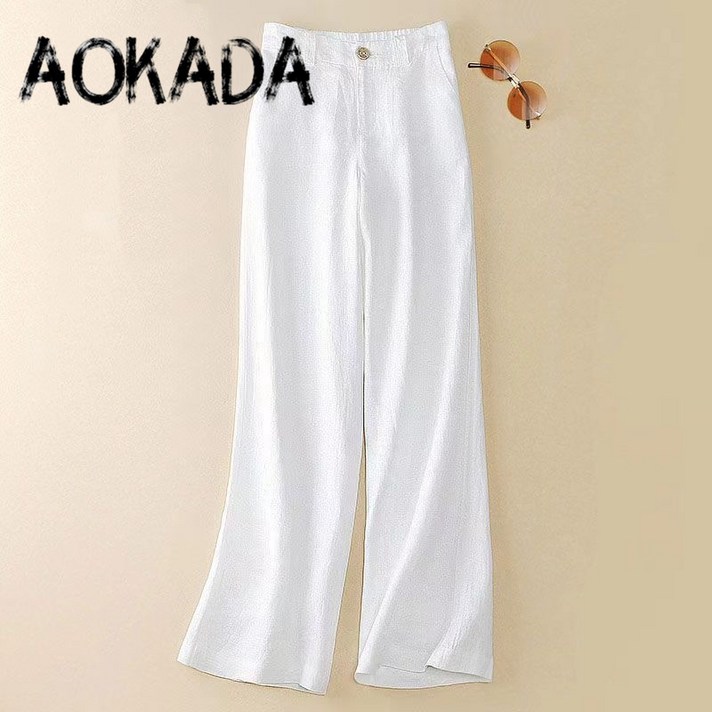 AOKADA 여성 밴딩 슬랙스 바지 빅사이즈 일자 린넨 롱 와이드팬츠