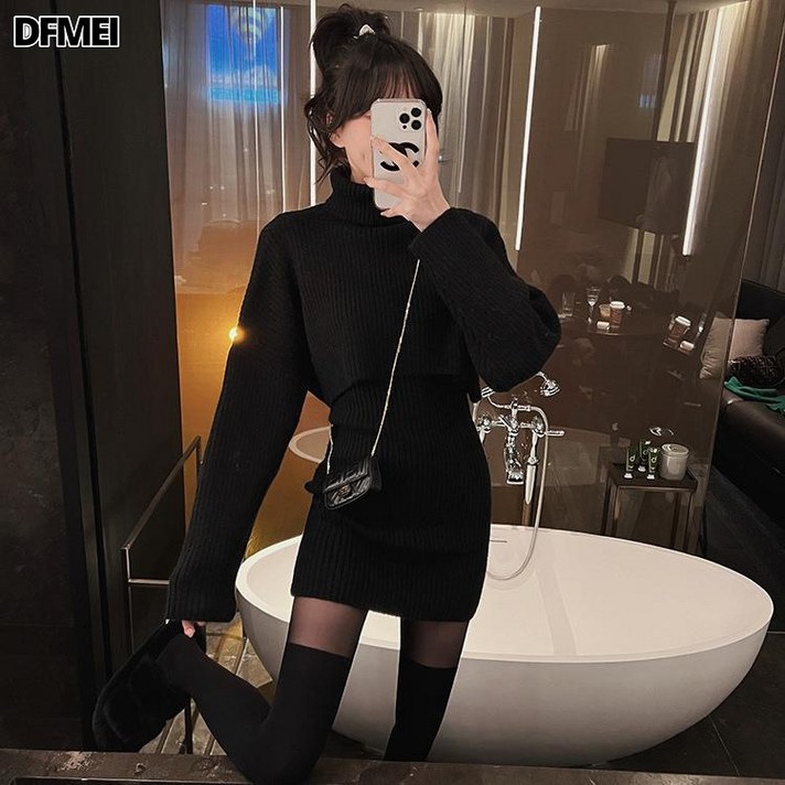 DFMEI 디자인 소소한 스웨터 니트 나시 스커트 터틀넥 케이프 블라우스 투피스 여