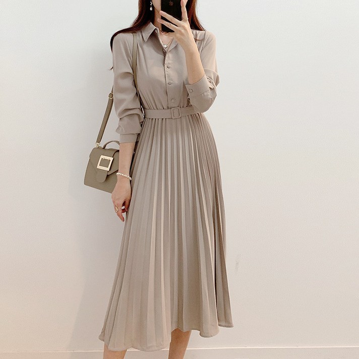 여성용 긴팔 카라 벨트 플레어 하객 원피스 Onepiece dress D9313