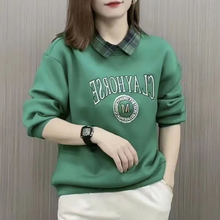 ROYALBELLE 여성 카라넥 레이어드 루즈핏 프린트 레터링 긴팔 캐주얼 맨투맨 티셔츠 D00802611