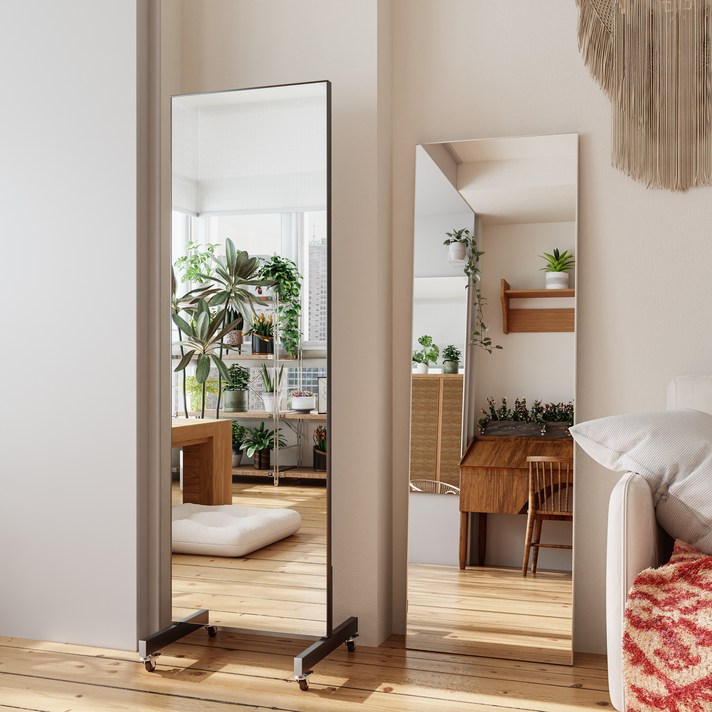 FitCleer 이동식 스탠드 전신거울 500x1600mm 깨지지 않는 무유리 고분자 필름 거울 소프트 미러, 블랙