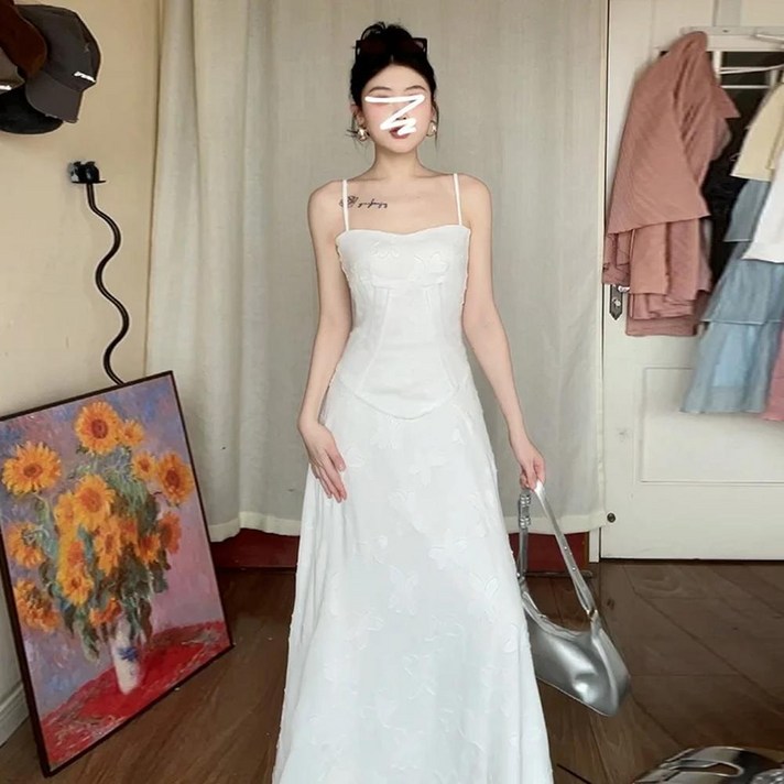 우아한 화이트 스트랩리스 드레스 여름 의류 비치 휴가 스타일 롱 하이웨이스트 라인 스커트