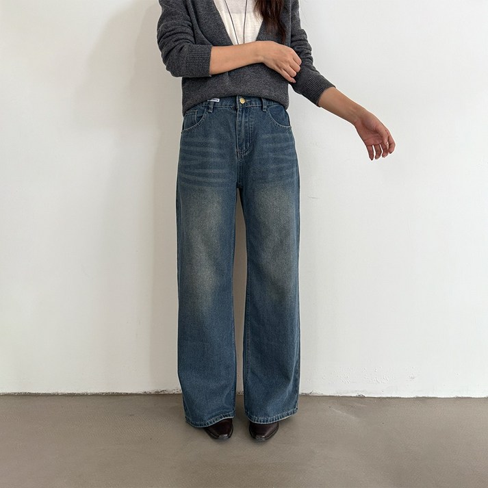 에미올 빈티지 세미 하이웨이스트 와이드 밴딩 레그 데님팬츠 EPJN002