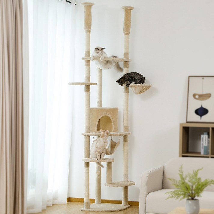 PAWZ Road 6단 대형 플러시 패브릭 캣폴,천장 고정형 트윈 기둥 높이 조절 캣타워 236CM-258CM,스크래쳐 기둥+숨숨집+해먹