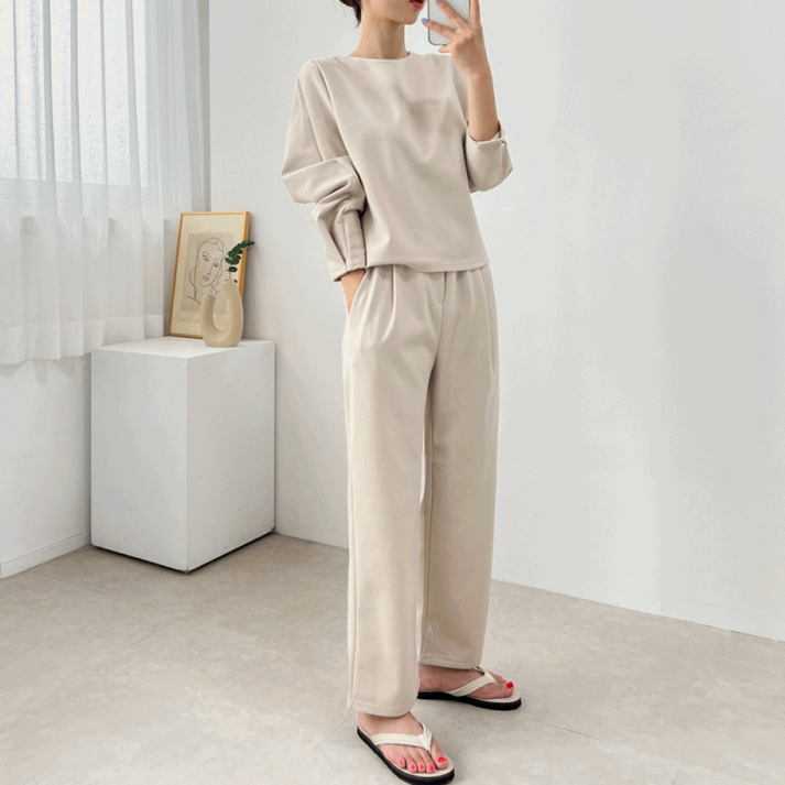 set 마랑 데일리 핀턱 티셔츠 세미 와이드 밴딩 팬츠 트레이닝 세트 3color