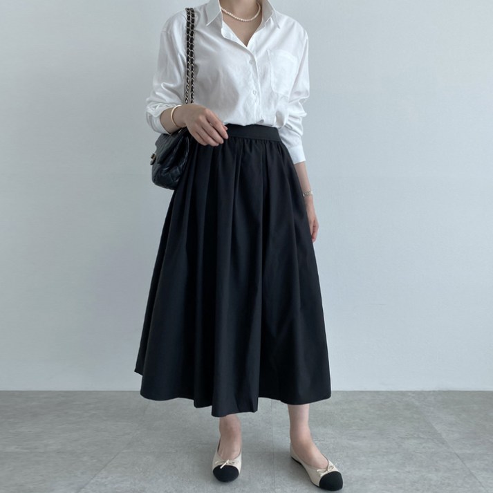 햅번 주름 핀턱 밴딩 풀 플레어 롱 바스락원단 여성스커트