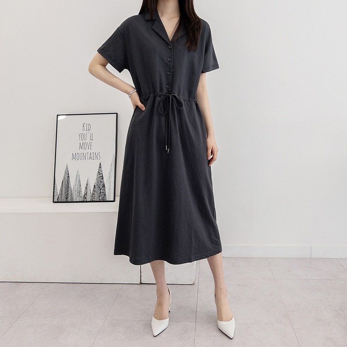 여성 허리 조절 끈 시원한 인견 여름 반팔 카라넥 원피스