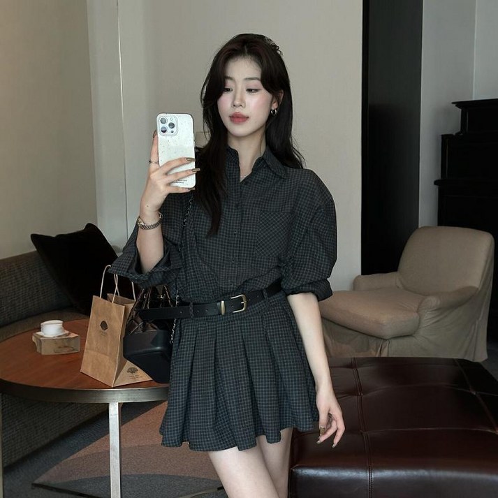 해피유통    여성스러운 허리 조임 체크 셔츠 원피스 가을 숏 긴팔 원피스 패션 원피스   BJJ001
