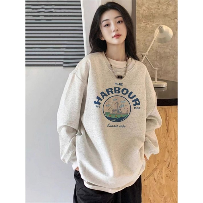 봄가을 남녀 공용 맨투맨 라운드 레터링 그랙픽 프린트 루즈핏