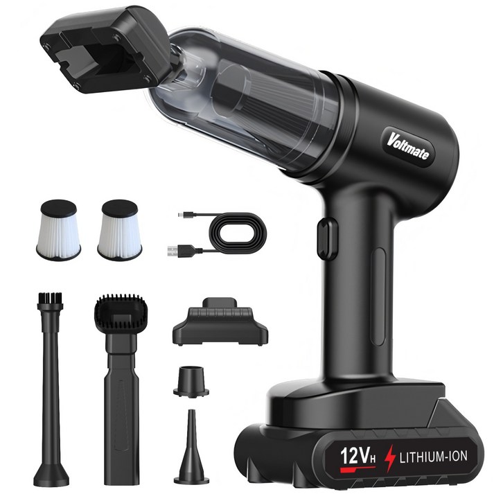 Voltmate 16000Pa 2단 조절 BLDC 강력 무선 리튬 배터리 핸디 차량용 청소기 LED 조명 배터리 잔량 표시 TypeC 포트, 블랙 25년형
