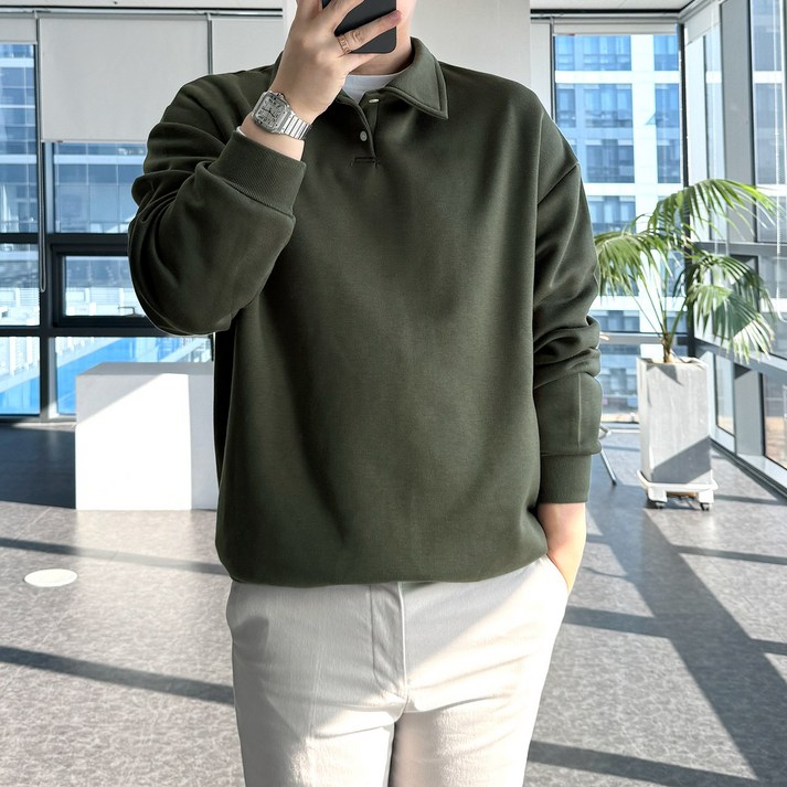 룩플레인 겨울 기모 원단 맨투맨 카라 티셔츠 9color