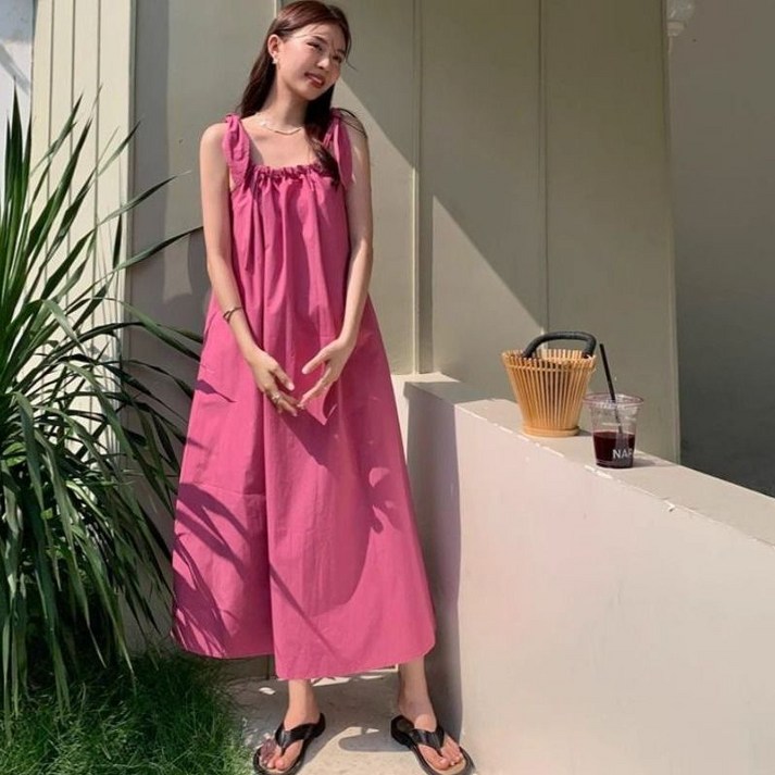 바캉스룩 원피스 끈나시 원피스 여성복 여름 기질 루즈핏 날씬해 보이는 A라인 스커트 블루