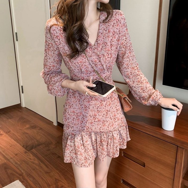 스타일아유 여성 봄 가을 플라워 프릴 랩스타일 미디 원피스 오피스 하객룩 [AYG8OP0156]