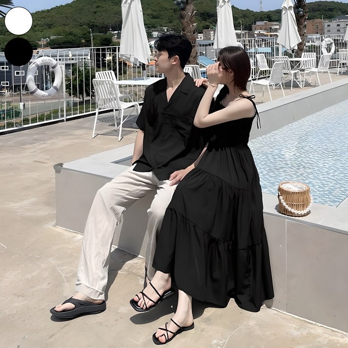 가비진 여성용 스모크 끈 롱 원피스 무지 카라 반팔셔츠 남녀 커플룩 시밀러룩 휴가룩 바캉스룩 세트 남여개별구매 가비진 여성용 스모크 끈 롱 원피스 무지 카라 반팔셔츠 남녀 커플룩 시밀러룩 휴가룩 바캉스룩 세트 남여개별구매