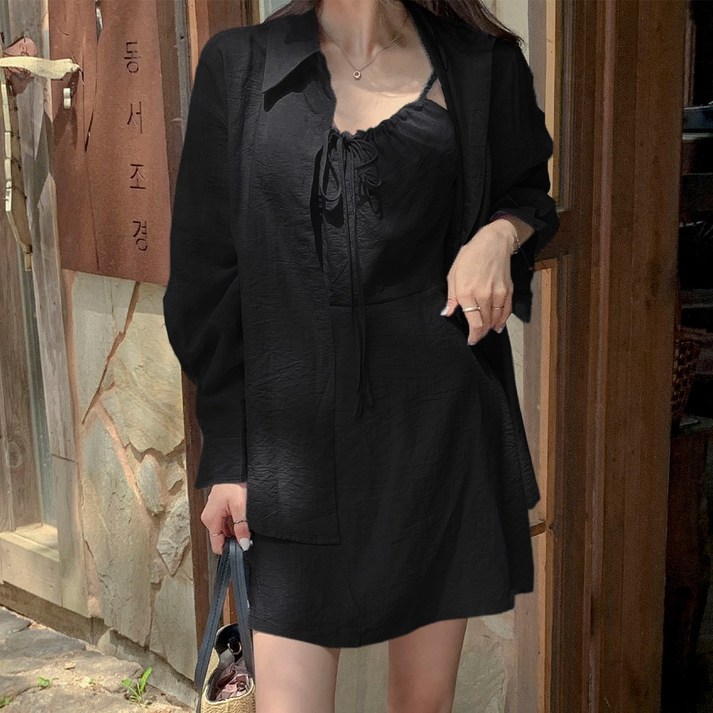떳다그녀 소피넬 셔츠 드레스 투피스 A라인 나시 바캉스룩 리본 셔링 오버핏 블라우스 미니원피스 세트