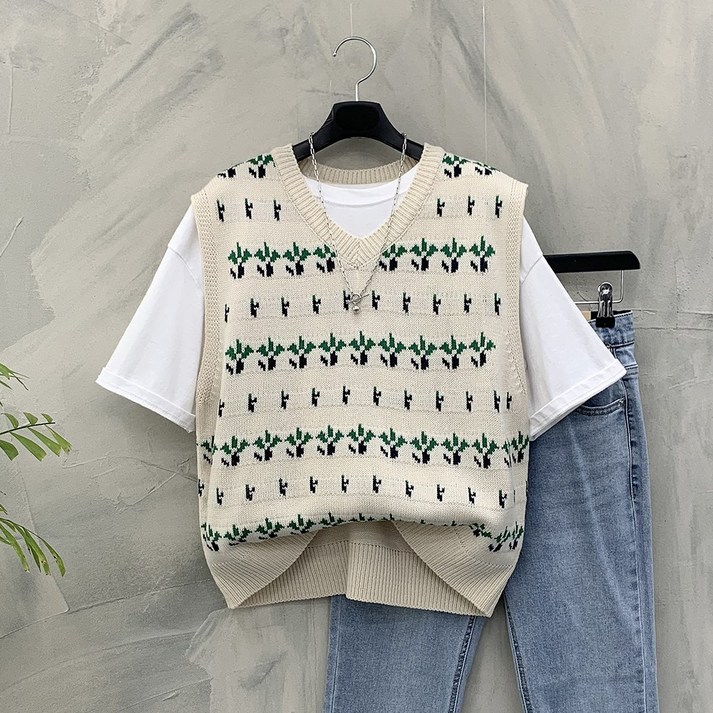 행복여 푸릇 새싹 패턴 니트 조끼