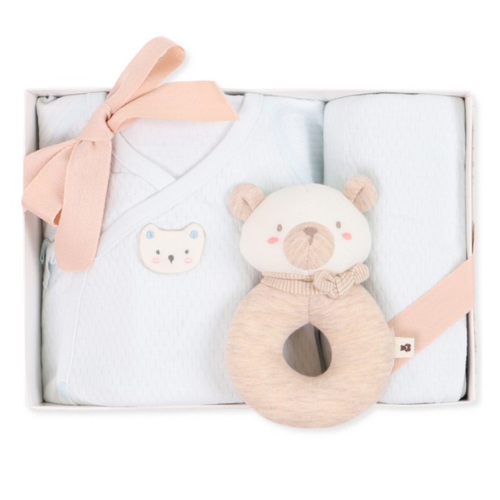 오가닉맘 솔비 면 배내저고리 상하의 세트 MHFNBE06  + 푸하 딸랑이 인형 MHR7NM09