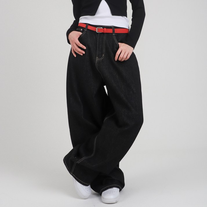 수비진 여성용 생지 백포켓 포인트 벌룬핏 와이드 청바지 7511