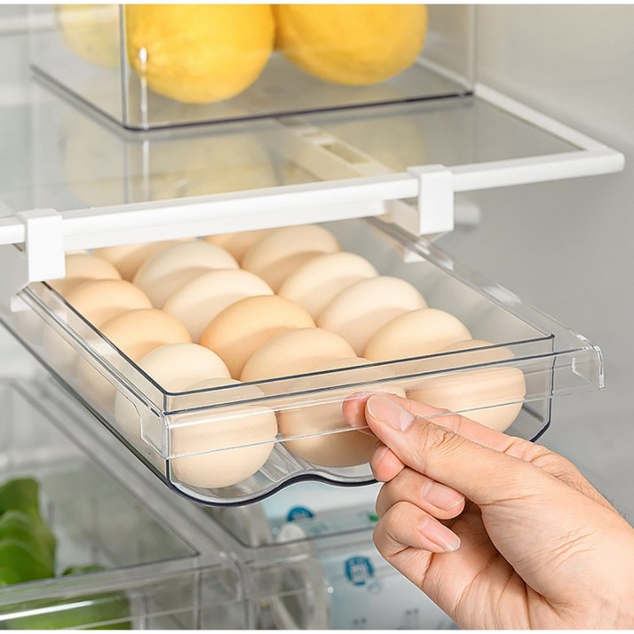 냉장고용기 서랍형 계란 트레이 슬라이딩 보관함 계란케이스 수납 에그보관, 투명화이트랙