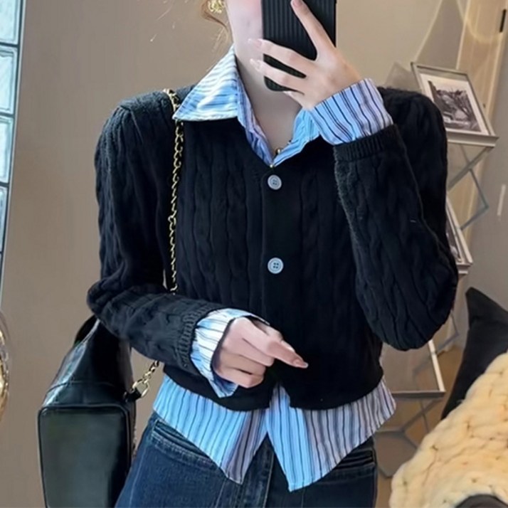 세인트이브 K1621두벌같은한벌 꽈배개 셔츠 니트숏가디건