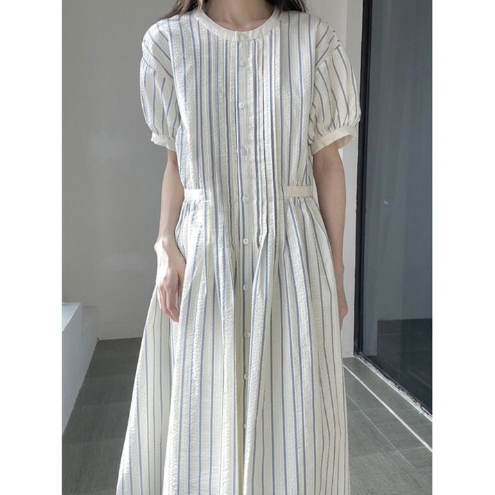 진해스 봄 여름 여성  줄무늬 롱 셔츠 원피스 8002