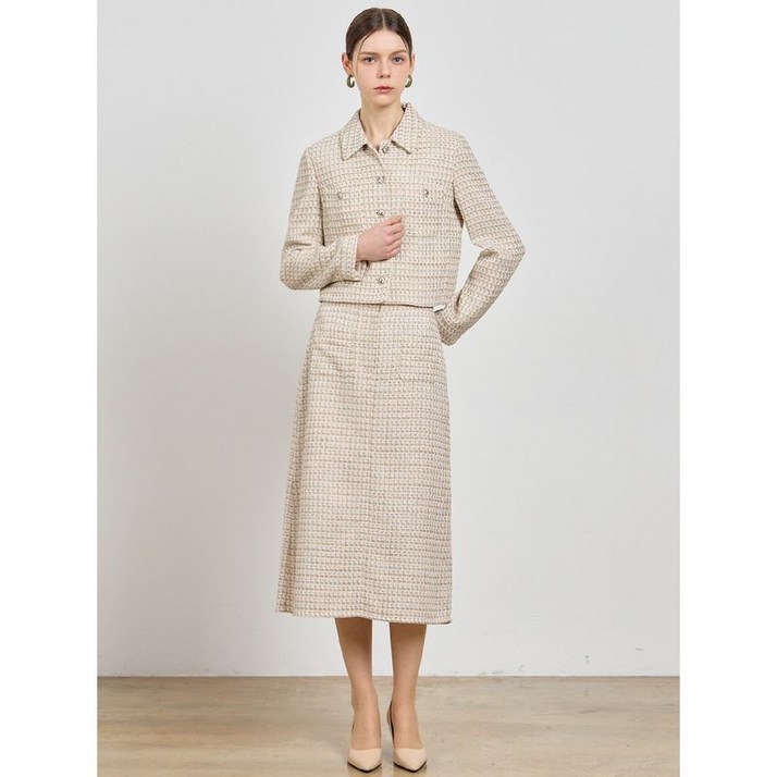 리스트 2SET 골드버튼 트위드 재킷+슬릿 미디 스커트 2종세트