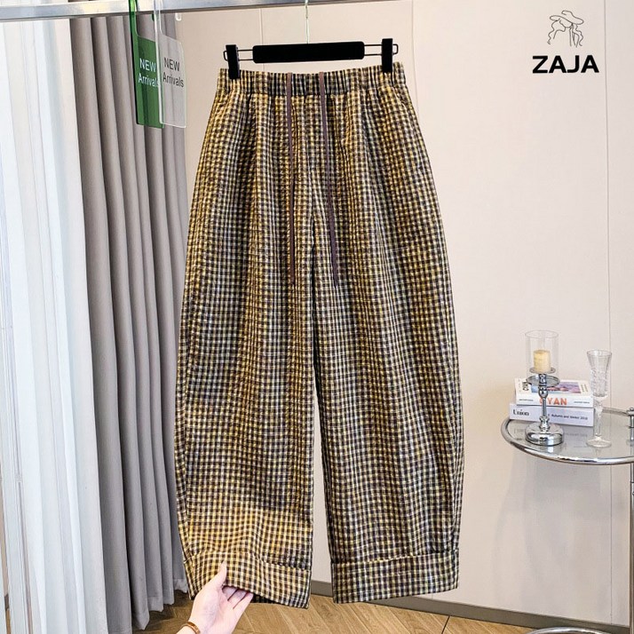 ZAJA 여름 여성 밴딩 체크 9부 와이드 팬츠 체형커버 통기성 좋은 시원한 데일리팬츠