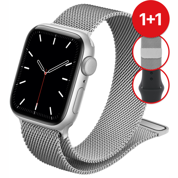 네노타 애플워치 스트랩 밀레니즈 루프 메탈 밴드, 1세트, 실버+블랙 실리콘 증정