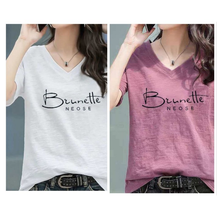 레노이 1+1 면 브이넥 프린팅 반팔티셔츠 루즈핏 반소매 슬림핏