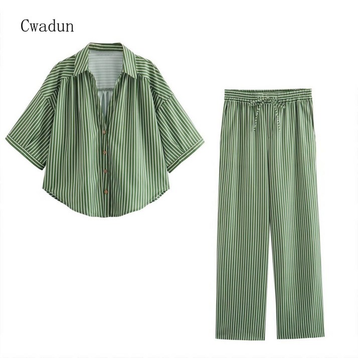 Cwadun 여름 여성 스트라이프 셔츠 캐주얼 세트 DB298
