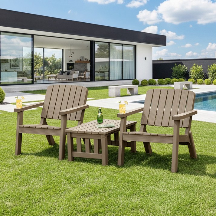 사계절 2인 테이블 소파 세트 낮은 플라스틱 쇼파 실내 야외 정원 카페 루프탑 커피숍 의자, 라이트 브라운