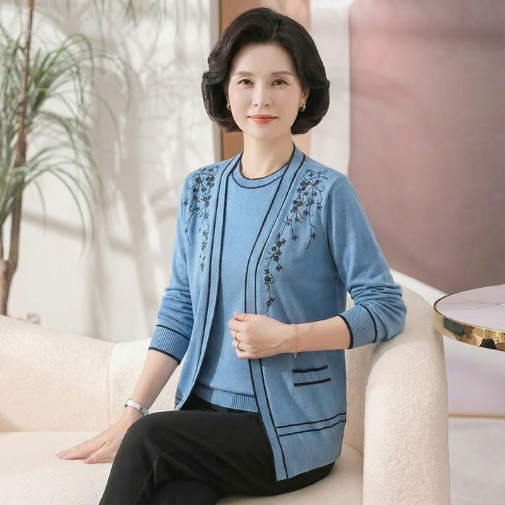 에쥬아 중년 여성 니트스웨트 가디건 투피스 엄마옷 니트 반팔+가디건
