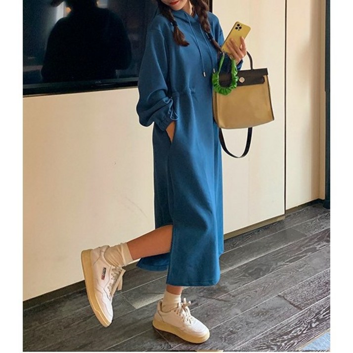 실사 올해 유행 후드 긴팔 맨투맨 원피스 여 가을 겨울 고급스러운 캐주얼 롱스커트