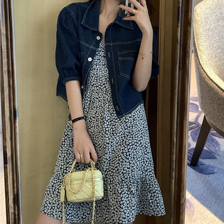 네모엔룩 여성용 데님볼륨 하프소매 셔츠형 크롭 자켓