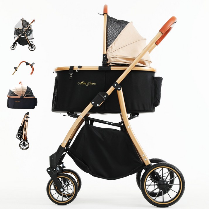 MILALOUIS 2025최신 강아지 유모차 애견유모차 원터치 퀵폴딩 강아지유모차 분리형 프리미엄 소중형견 접이식 개모차, 골드, 1개