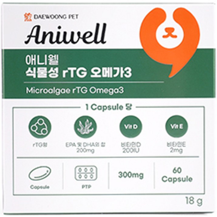대웅펫 애니웰 반려동물 식물성 rTG 오메가3 캡슐 영양제 18g, 피부/털개선, 1개