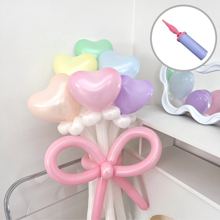 파티아일랜드 하트 풍선 마카롱 믹스 꽃다발 DIY 손펌프 세트, 혼합색상, 1세트