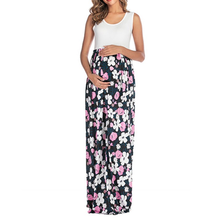 출산 비치웨어 플라워 리프 패턴 임산부 민소매 원피스