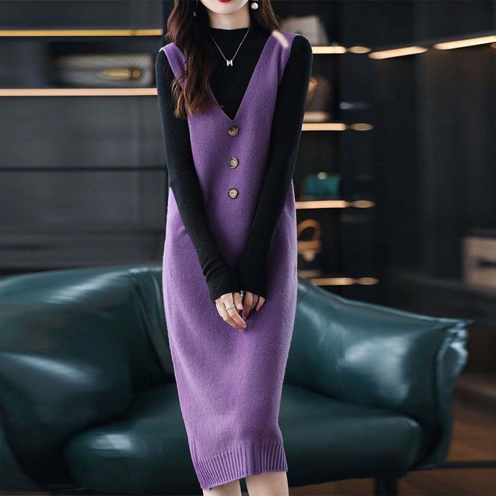 TKX 여성 가을 겨울 브이넥 니트 조끼 원피스 슬림핏 베이직 디자인 신축성 부드러운 소재 간편 니트웨어 K35