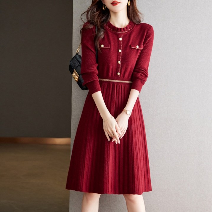 POMTOR 여성용 가을 겨울 라운드넥 니트 보송 스판 A라인 롱 긴팔원피스