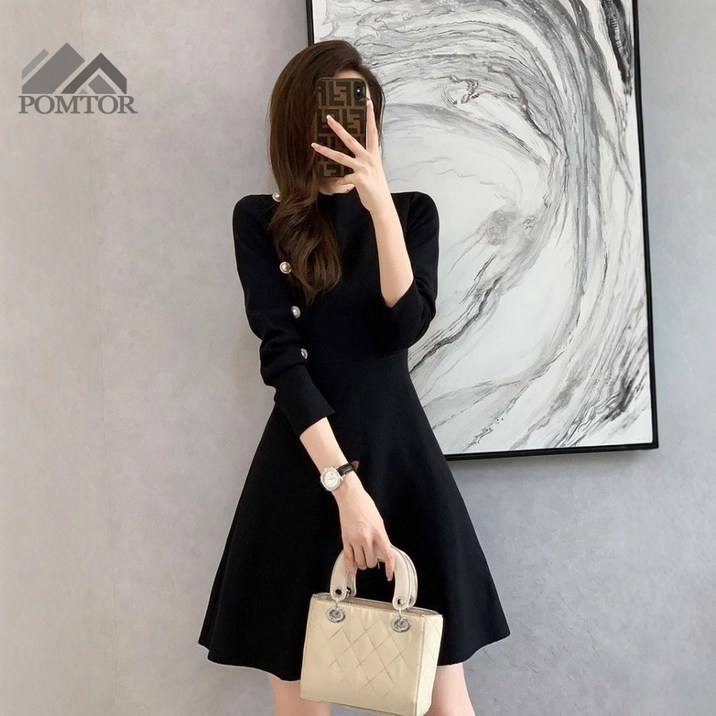 POMTOR 여성 베이직 니트 A라인 슬림 미니 긴팔 원피스