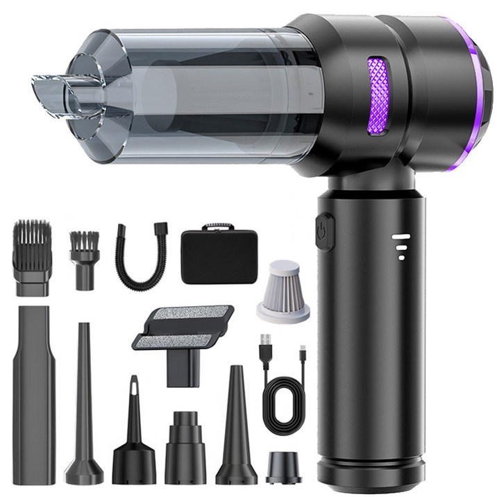 최신형 Voltmate 휴대용 무선 에어건 청소기 차량 가정 야외 흡취일체형 다기능 청소기 LED 전량 표시 BLDC 브러시리스 16000Pa Type-C 포트 진공 포장, 블랙, M12
